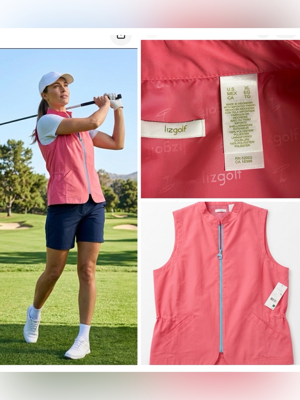 Liz Golf Salmon Pink Sleeveless Utility Vest - Front Zipper